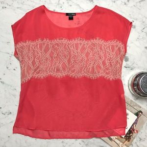 AQUA Bloomingdale's Lace Coral Short Sleeve Top